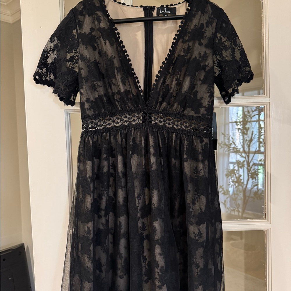 Lulu's Black Lace Dress with Sheer Details